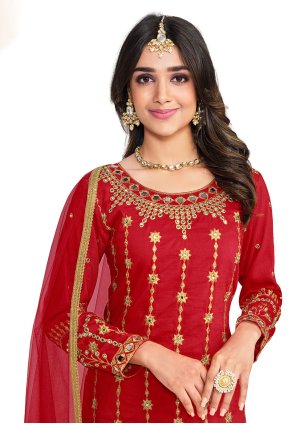 Red Silk Embroidered Straight Salwar Suit