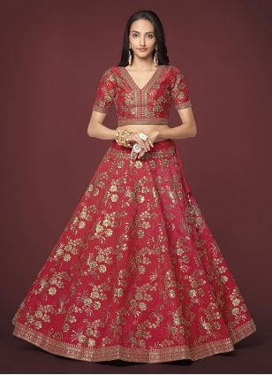 Red Silk Embroidered Trendy Chaniya Choli for Wedding