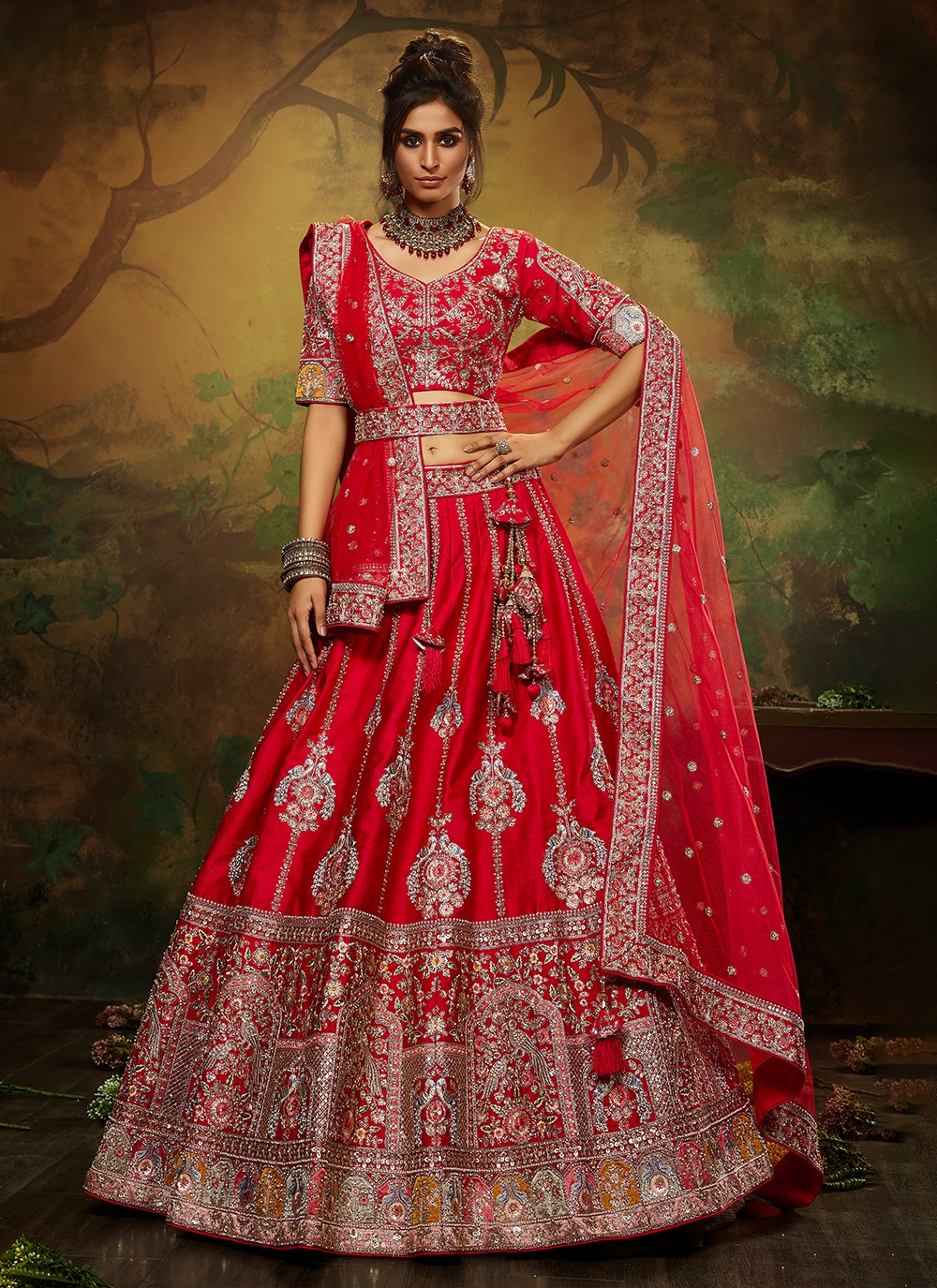 Red Silk Embroidered Lehenga