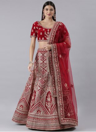 Designer Red Silk Embroidered Trendy Lehenga for Bride