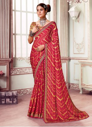 Red Silk Printed Trendy Saree