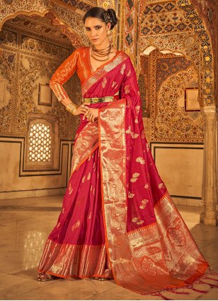 Red Tussar Silk Weaving Trendy Sari