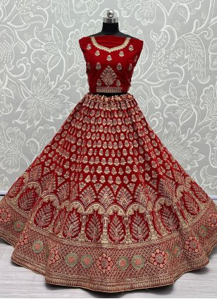 Red Velvet Dori A - Line Designer Lehenga Choli for Bride
