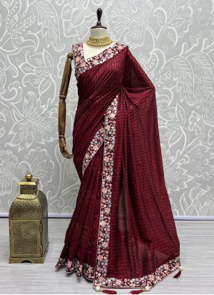 Red Vichitra Silk Embroidered Classic Saree