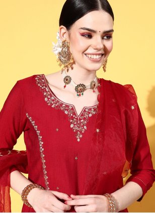 Red Viscose Embroidered Trendy Salwar Kameez