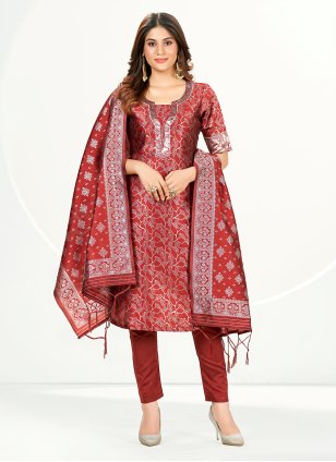 Rust Banarasi Silk Woven Straight Salwar Suit