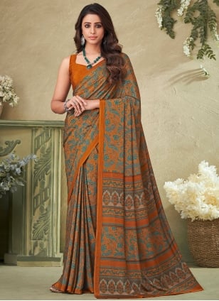 Rust Crepe Printed Contemporary Sari