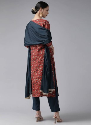 Rust Muslin Flower Print Straight Salwar Suit