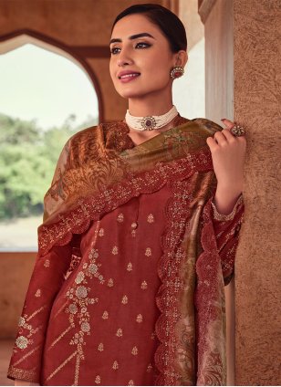 Rust Silk Embroidered Straight Salwar Suit