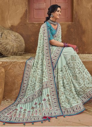 Sea Green Banarasi Silk Diamond Contemporary Sari