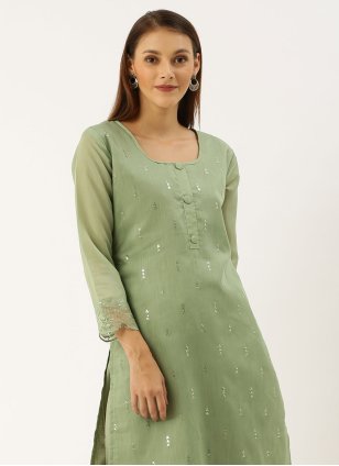
                            Sea Green Chanderi Embroidered Churidar Suit