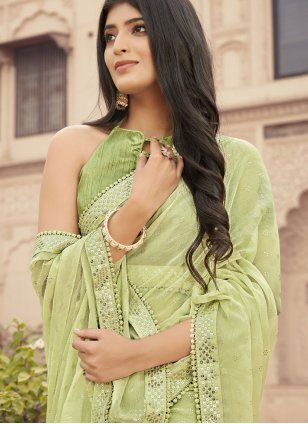 Sea Green Chiffon Embroidered Classic Sari