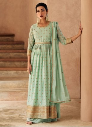 Sea Green Chinon Embroidered Readymade Salwar Suits