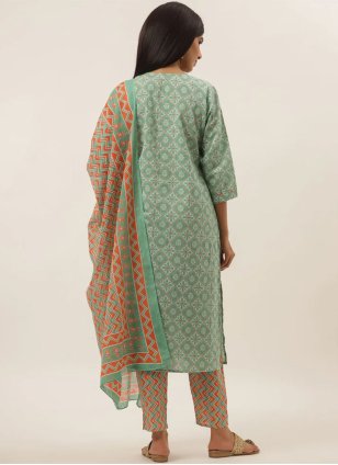 Sea Green Cotton  Printed Readymade Salwar Suits