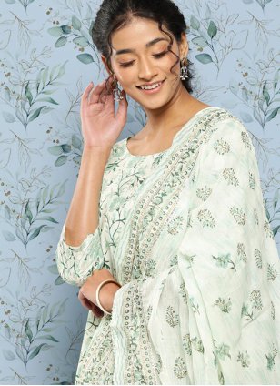 Sea Green Cotton  Printed Readymade Salwar Suits