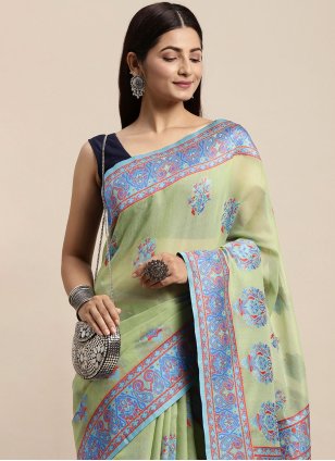 Sea Green Cotton  Woven Contemporary Sari