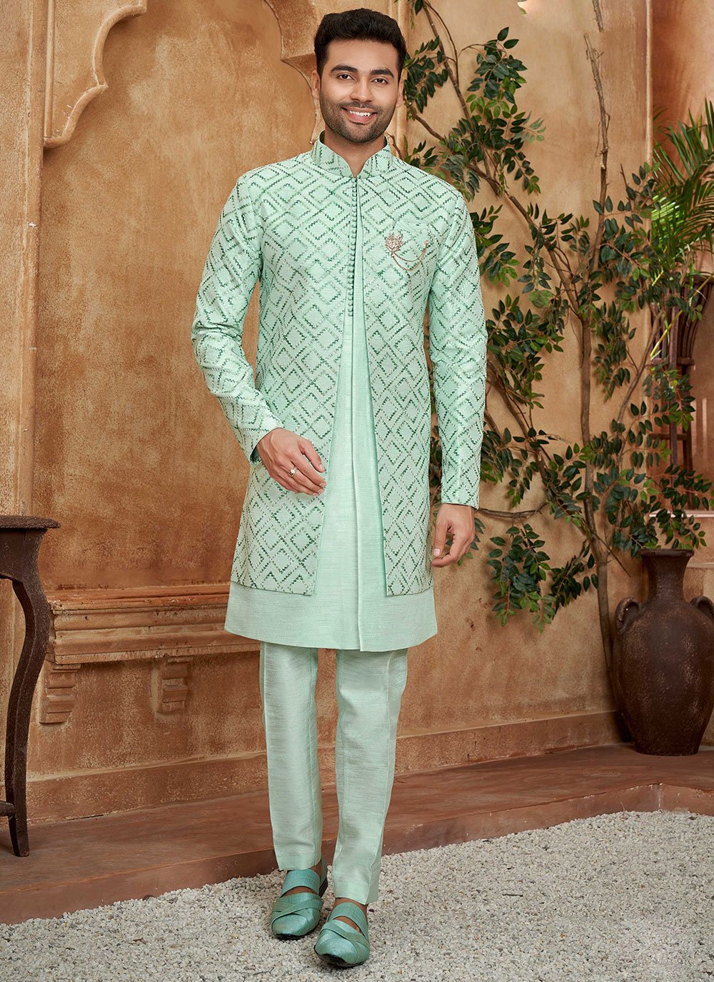 Sea Green Engagement Indo Western for Men