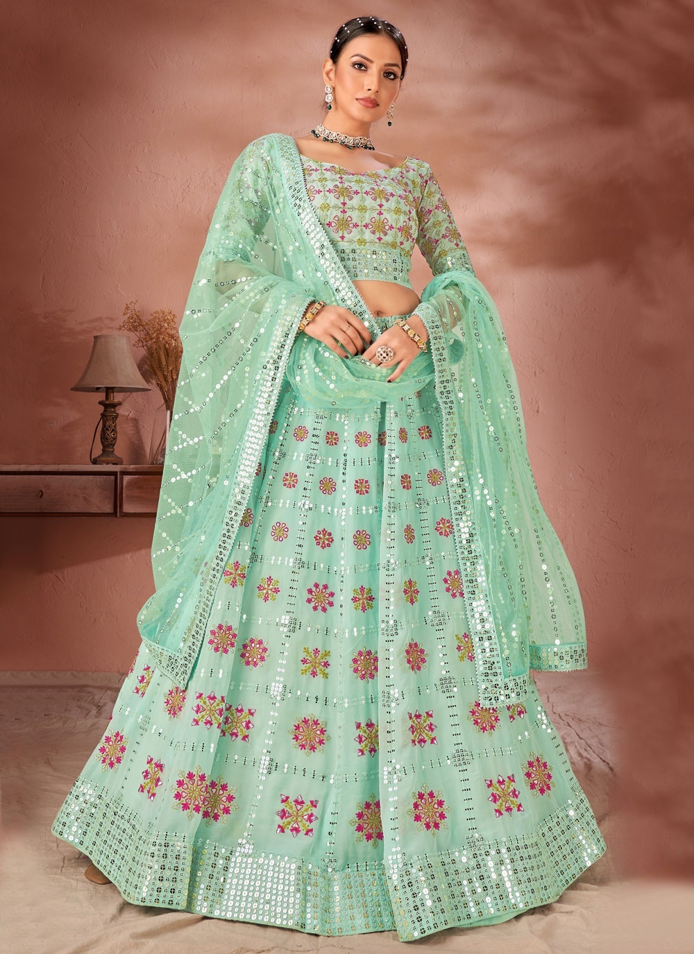 Exclusive Sequins Work Designs Net Fabric Sea Green Color Wedding Wear |  Net lehenga, Green lehenga, Lehenga