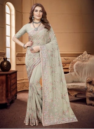 Sea Green Georgette Embroidered Classic Saree