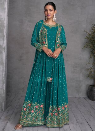 Buy Punjabi Suits - Pista Green Multi Floral Embroidery