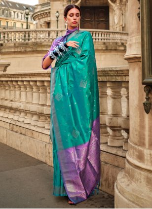 Sea Green Handloom Silk Weaving Contemporary Sari