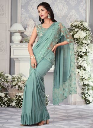 Sea Green Lycra Embroidered Designer Sari