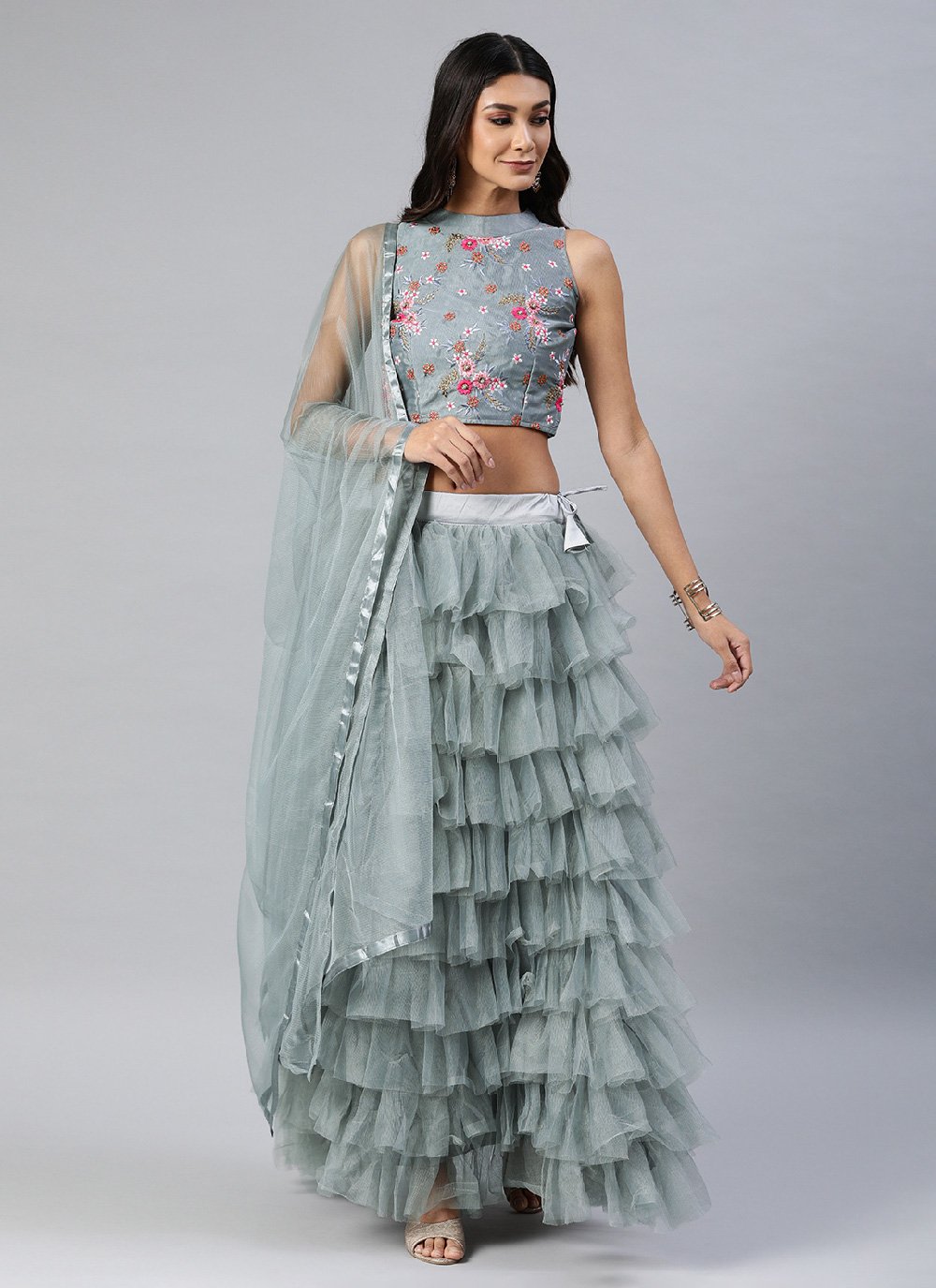 Olive crop top with elongated sleeve and ruffle lehenga available only at  IBFW