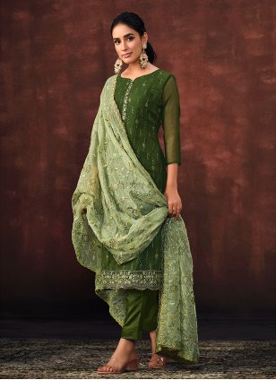 Sea Green Organza Embroidered Straight Salwar Suit