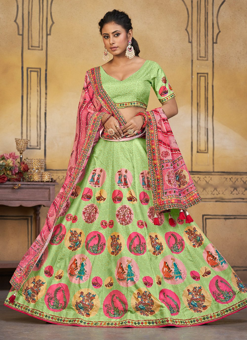 Parrot Green Colors With Zari Weaving Work Silk Lehenga Choli - Vatki