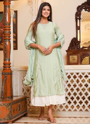 Sea Green Silk Embroidered Straight Salwar Suit