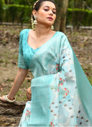 Sea Green Silk Flower Print Trendy Sari