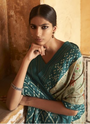Sea Green Silk Printed Designer Saree