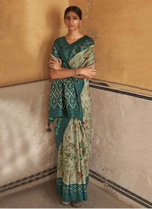 Sea Green Silk Printed Designer Saree