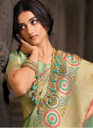 Sea Green Silk Weaving Trendy Sari