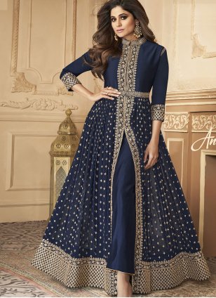 Sightly Embroidered Georgette Navy blue Butterfly Pallu