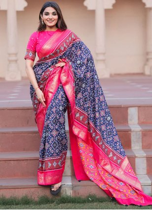 Silk Embroidered Navy blue and Pink Traditional Saree