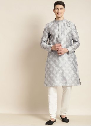 Silk Jacquard Kurta Payjama in Grey for Men
