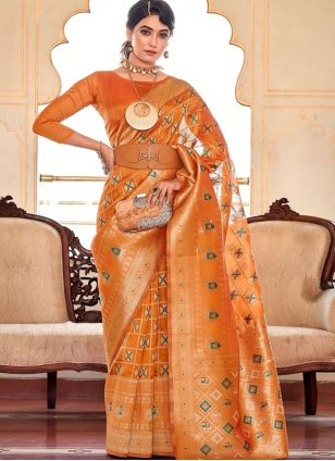 Silk Orange Embroidered work Traditional Saree