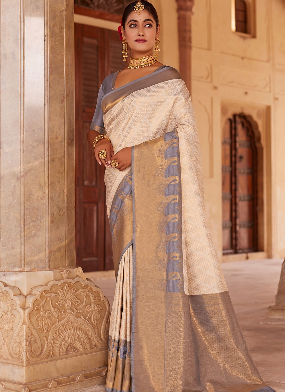 Buy Saree Mall White & Blue Silk Printed Saree With Unstitched Blouse for  Women Online @ Tata CLiQ