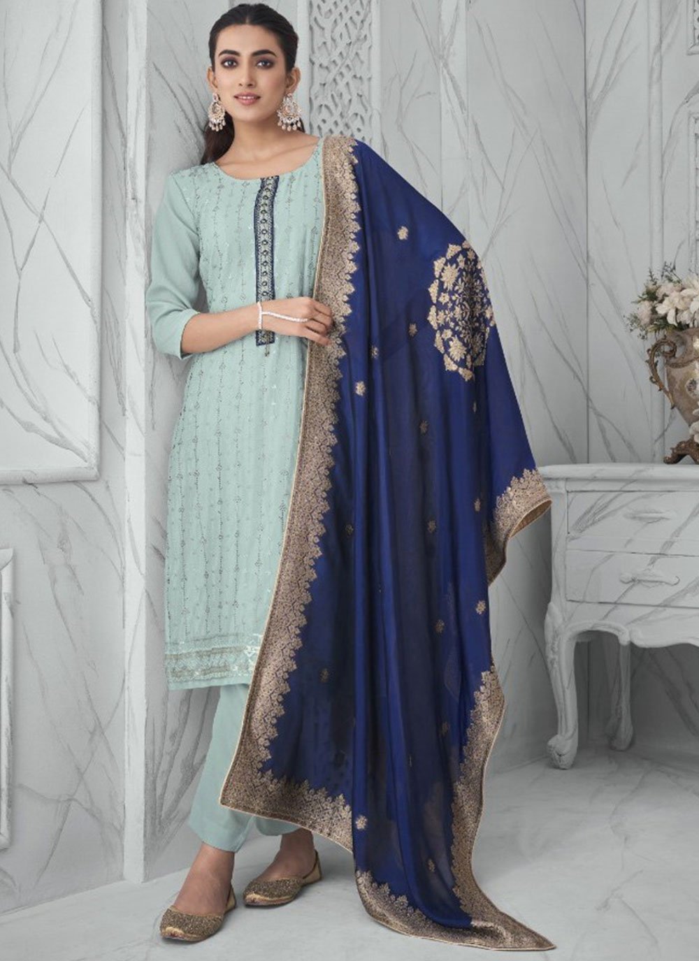 Buy Sky Blue Banarasi Silk Salwar Suit (NWS-6418) Online