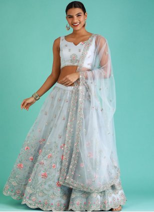 Buy Sublime White And Blue Lehenga Online in the USA @Mohey - Indo Western  for Women