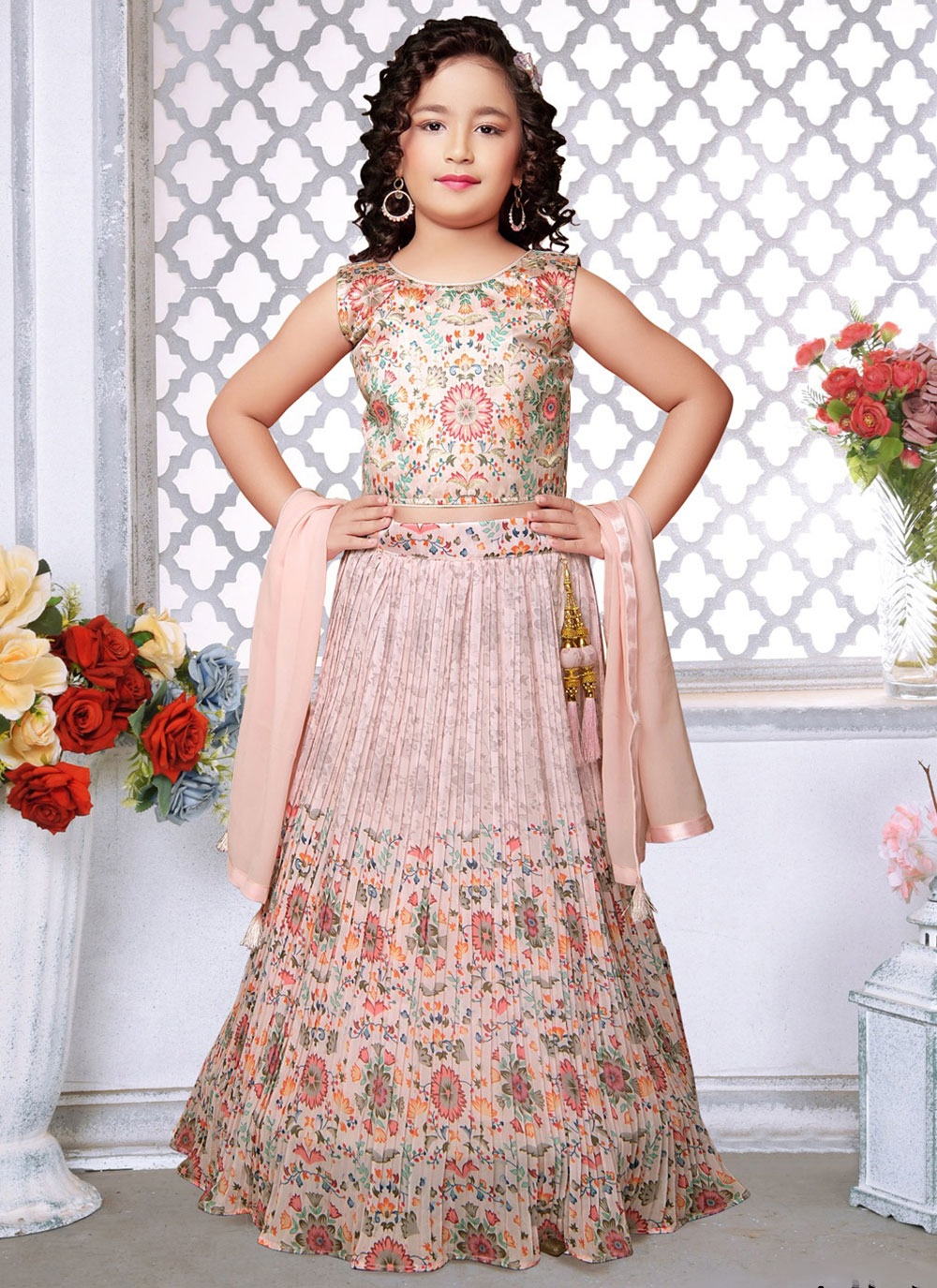 Buy Kids Girls Pink Embroidered N Green Brocade Lehenga Online at Best  Price | Cbazaar