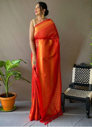Specialised Orange Silk Weaving Traditional Saree