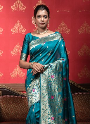 Teal Banarasi Silk Weaving Trendy Saree