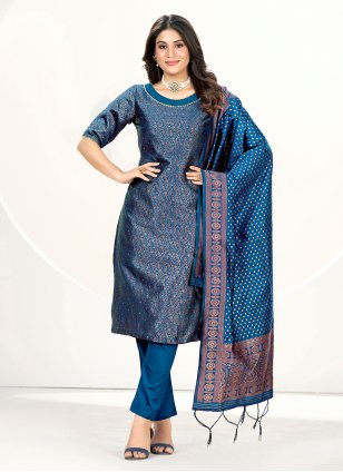 Teal Banarasi Silk Woven Pant Style Suit