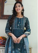 Teal Chanderi Printed Straight Salwar Suit
