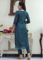 Teal Chanderi Printed Straight Salwar Suit
