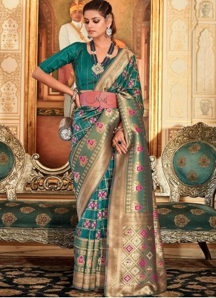 Teal color Embroidered Silk Traditional Saree