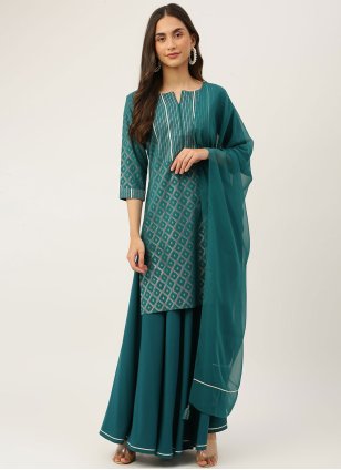 Teal Crepe Foil Print Readymade Salwar Suits