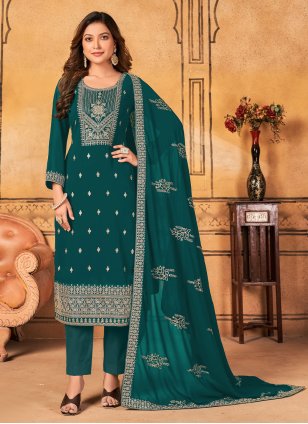 
                            Teal Georgette Embroidered Pant Style Suit